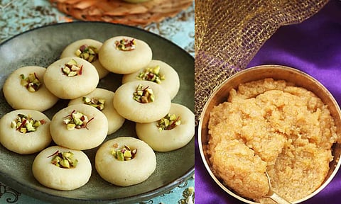 (L-R) Milk peda; Milk Halwa