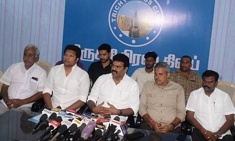 Former NTK functionaries speaking to reporters in Tiruchy on Tuesday