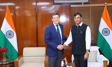 World Athletics boss Sebastian Coe with sports minister Mansukh Mandaviya (X) 