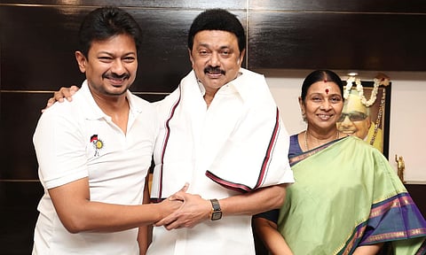 Deputy CM Udhayanidhi met his parents Stalin and Durga Stalin here and received their blessings (X) 