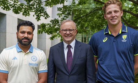 Australia Prime Minister Anthony Albanese with India captain Rohit Sharma and PM-XI’s captain Jack Edwards