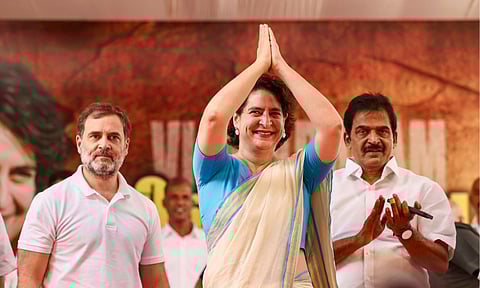 Congress General Secretary and MP Priyanka Gandhi addresses a public meeting (PTI)