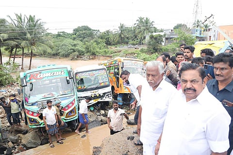 AIADMK general secretary Edappadi K Palaniswami looks at flood-hit areas in Krishnagiri