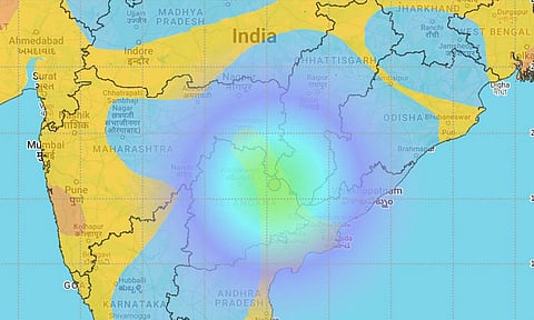 This illustration shows the epicenter of an earthquake of 5.3 magnitude that happened in Mulugu (PTI) 