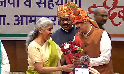 Union Finance Minister Nirmala Sitharaman felicitates BJP leader Devendra Fadnavis after he was unanimously elected as the Maharashtra BJP legislature party leader at its meeting, in Mumbai (PTI) 