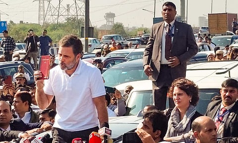 Leader of Opposition in the Lok Sabha Rahul Gandhi speaks to media after he was stopped at the Ghazipur border on his way to visit violence-hit Sambhal, in Ghaziabad (PTI) 