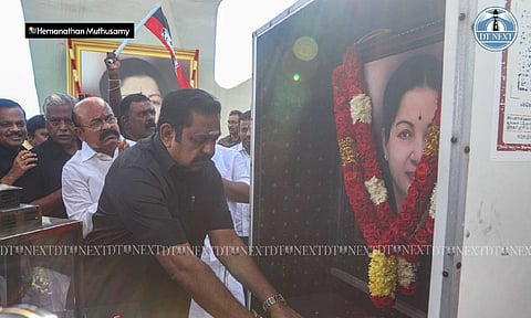 AIADMK gen secy Edappadi K Palaniswami pays respects at former TN Chief Minister J Jayalalithaa's memorial in Chennai's Marina Beach (Hemanathan M)