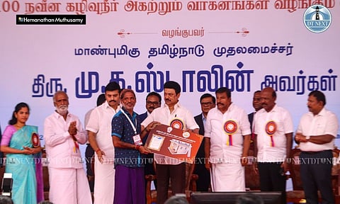 Tamil Nadu Chief Minister MK Stalin flagged off 100 modern sewage disposal equipment to conservancy workers at Rajarathinam Stadium on Friday (Photo: Hemanathan)