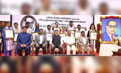 Governor RN Ravi at the 69th death anniversary of Dr BR Ambedkar in Raj Bhavan (X/@rajbhavan_tn) 