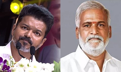 TVK president Vijay; Minister PK Sekarbabu