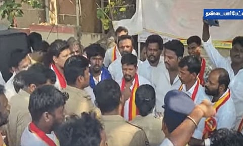 TVK denied nod to give relief to 'water contamination’ affected locals in Pallavaram, erect party flag