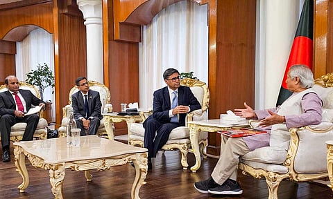 Foreign Secretary Vikram Misri with Chief Adviser of Bangladesh Muhammad Yunus during a meeting, in Dhaka, Bangladesh, Monday