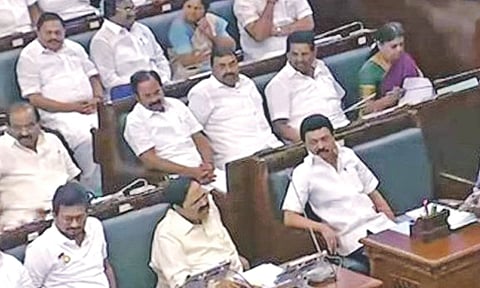 Udhayanidhi seated next to minister Duraimurugan in the Assembly on the first day of the session on Monday