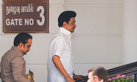 Tamil Nadu Chief Minister M K Stalin arrives to attend the state Legislative Assembly session (PTI)