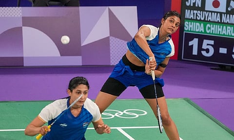 India's Tanisha Crasto celebrates after winning the mixed doubles semi-final match against China's Zhou Zhi Hong and Yang Jia Yi at the Syed Modi India International 2024 badminton tournament, in Lucknow, Saturday, Nov. 30, 2024 (PTI) 