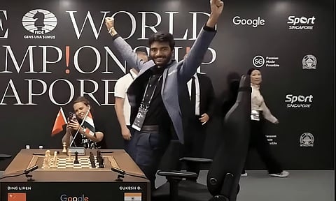 Gukesh rejoices after becoming the first teen world champion in chess, on December 12, 2024. (Screengrab/X)