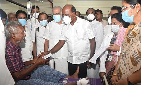 Health minister Ma Subramanian visited the injured fire accident victims of Dindigul Hospital (X)