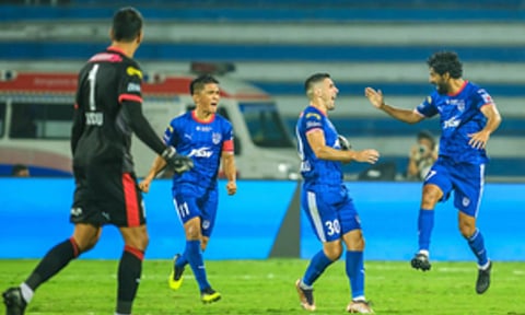 Bengaluru FC players celebrate after a goal (IANS)