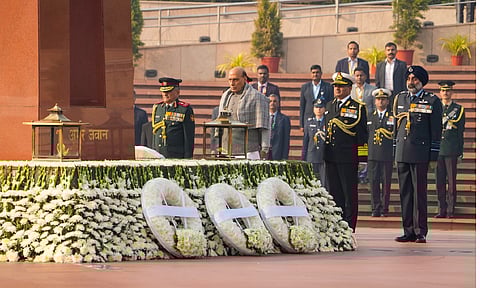 Union Defence Minister Rajnath Singh pays homage at the National War Memorial on the occasion of the Vijay Diwas (PTI)