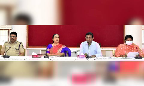 Ariyalur District Collector P Rathinasamy and other officials at the review meeting on northeast monsoon preparedness in Ariyalur