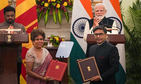 Foreign Secretary Vikram Misri with Sri Lankan High Commissioner to India Kshenuka Senewiratne during exchange of MoUs in the presence of Prime Minister Narendra Modi and Sri Lankan President Anura Kumara Dissanayake at the Hyderabad House (PTI)