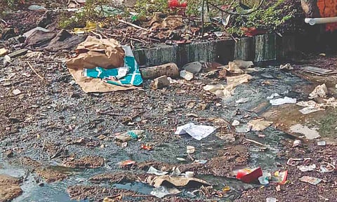 Sewage flows from apartment unabated and stagnates on the road