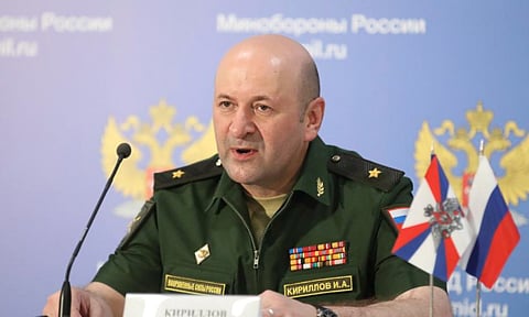 Igor Kirillov, the chief of the Russian military's radiation, chemical and biological protection unit, attends a briefing in Kubinka Patriot park, outside Moscow, Russia.(AP Photo)