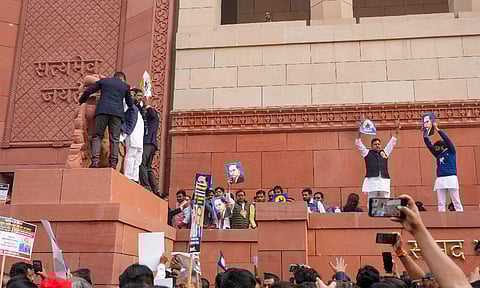 INDIA bloc members during a protest in Parliament premises demanding the resignation of Home Minister Amit Shah for his remarks related to B R Ambedkar (PTI)