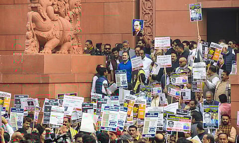 LoP in the Lok Sabha and Congress MP Rahul Gandhi during a protest by INDIA Bloc as well as NDA members, at Parliament complex, in New Delhi, Thursday, Dec. 19, 2024 (PTI) 
