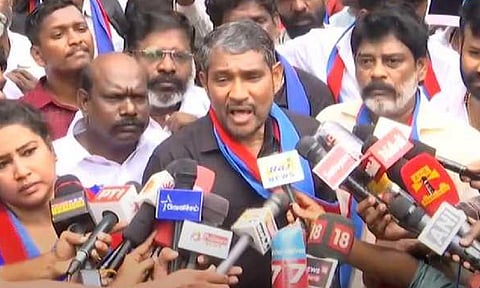 Members of the Viduthalai Chiruthaigal Katchi staged a rail blockade in Chennai on Friday