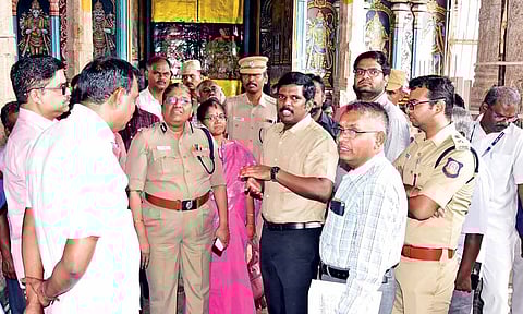District collector M Pradeep Kumar along with officials inspecting Srirangam temple on Friday