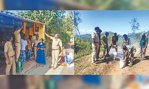 Cloth laced with neem oil and chilli powder hung in front of houses; (right) forest staff creating smoke in places frequented by the jumbo 