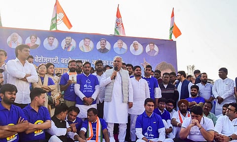 Former Chhattishgarh chief minister Bhupesh Baghel addresses during a protest by the Youth Congress against the current state govt (PTI)