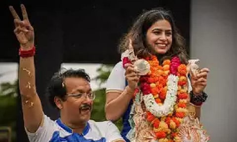 Double Olympic medallist shooter Manu Bhaker and coach Jaspal Rana (PTI) 
