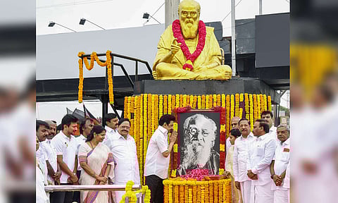 Tamil Nadu CM MK Stalin pays tribute to a portrait of social reformer and leader E V Ramasamy, known as Thanthai Periyar by his followers, on his death anniversary, in Chennai (PTI) 