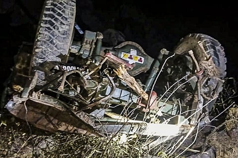 Wreckage of the Army vehicle after it skidded off the road and rolled down into a gorge, in Jammu and Kashmir's Poonch district, Tuesday, Dec. 24, 2024. (PTI Photo)