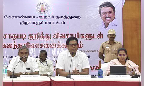 Minister TRB Rajaa at an interaction with cotton farmers in Tiruvarur district on Tuesday