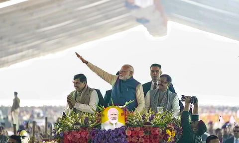 Prime Minister Narendra Modi with Madhya Pradesh Chief Minister Mohan Yadav during the foundation stone laying ceremony of Ken-Betwa River Linking Project (PTI)