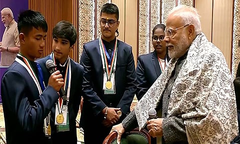 Prime Minister Narendra Modi meets and interacts with 2024 recipients of the Pradhan Mantri Rashtriya Bal Puraskar (Photo/ANI)
