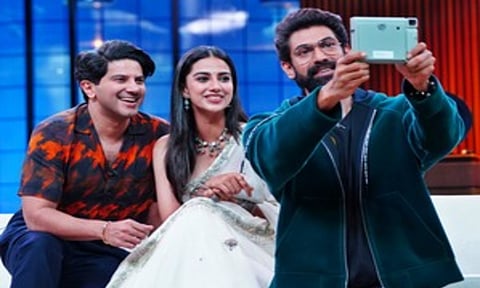 Dulquer Salmaan, Meenakshi Chaudhary and Rana Daggubati (IANS Photo)Indian actress