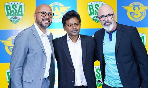 Ricardo Xiemenes, David Anand and Marcelo Fernandes during the Football+ launch event in Chennai