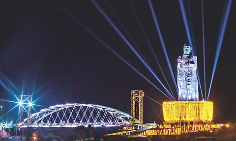 The illuminated under-construction glass bridge connecting Vivekananda rock memorial and Thiruvalluvar statue, in Kanniyakumari 