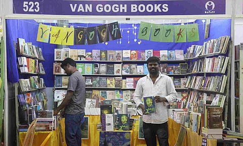 Nambirajan (R) at his bookstall at the Chennai Book Fair (Photo credit: Ashish P)