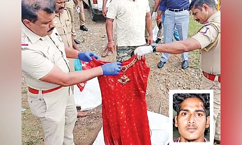 Police checking evidence found at the crime scene; (inset) Surya 