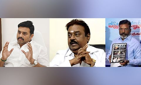 State Minister M Mathiventhan; Late actor Vijayakanth; VCK Chief Thol Thirumavalavan 