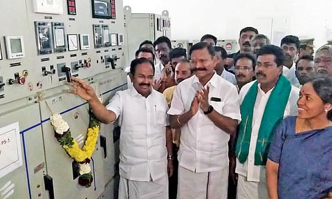 Minister for Tourism R Rajendran turns on the motors at Thippampatti pumping station on Wednesday