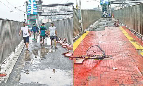 Commuters have to wade through water puddles and portruding cable wires on the pathway to reach the FOB
