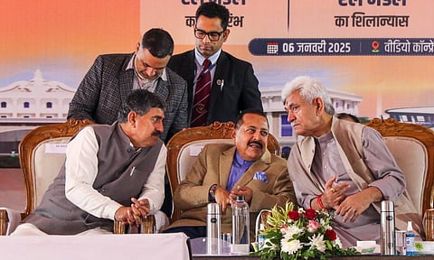 Union MoS for Science and Technology (Independent Charge) Jitendra Singh and J&K Lt. Governor Manoj Sinha during the inauguration of the new Jammu Railway Division and other projects, in Jammu (PTI)