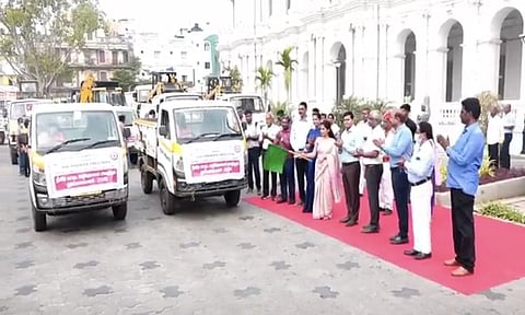 Mayor R Priya on Tuesday flagged off 59 vehicles as part of the first phase of an intensive cleaning drive (screengrab/X) 