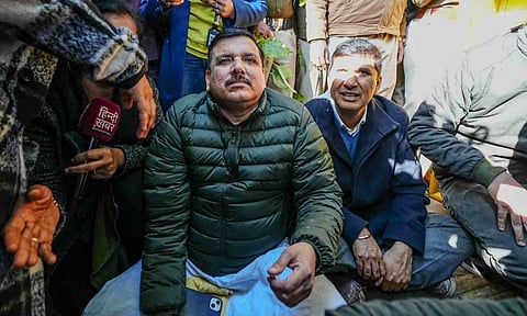 Aam Aadmi Party (AAP) leaders Sanjay Singh and Saurabh Bharadwaj outside Delhi Chief Minister Atishi's official residence, in New Delhi (PTI)